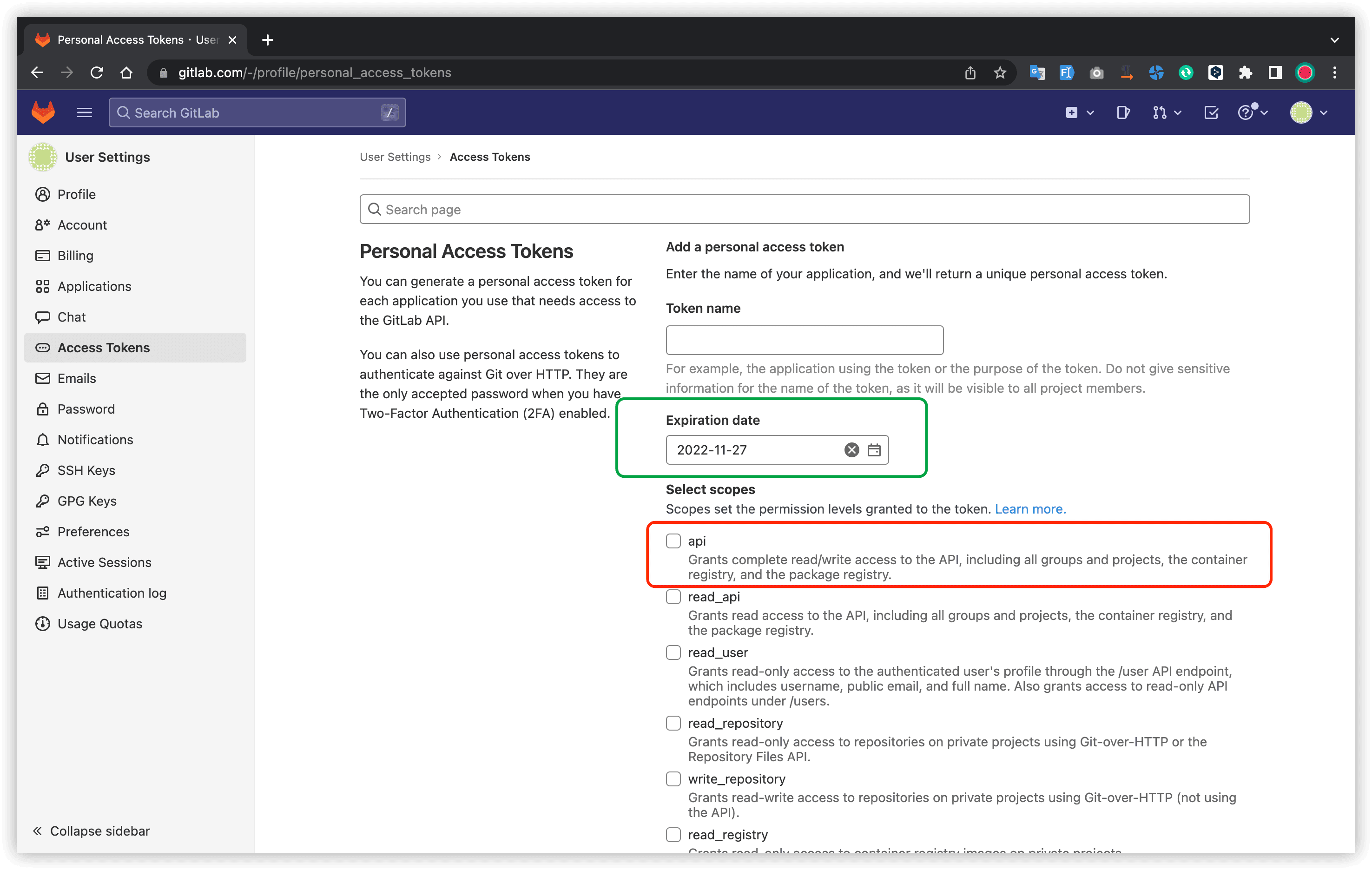 Gitlab token gitlabToken